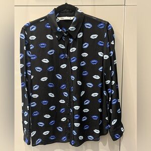 Zara Black Blouse with Blue and White Lip Pattern